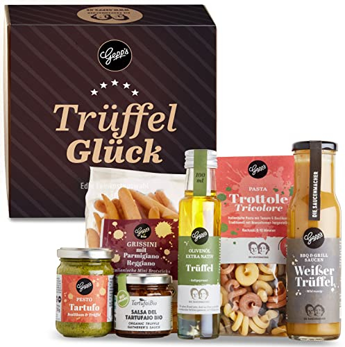 Gepp’s Feinkost Trüffelglück Geschenkbox I feinster Präsentkorb mit Sommertrüffel Bruschetta, Trüffelpesto, weißem Trüffelöl, Single Tartufo Nero, Weißer Trüffel Sauce & Pasta Trottole