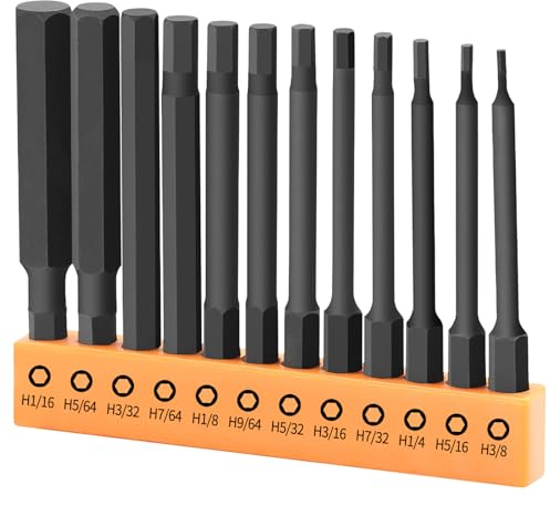 InPower Sechskant-Bit-Set, 12-teiliges SAE Inbusschlüssel-Schraubendreher-Bit-Set 1/16-3/8 Zoll Größen, 7,6 cm langer Bohrer mit Bithalter, S2-Stahl und 1/4-Zoll-Sechskantschäfte