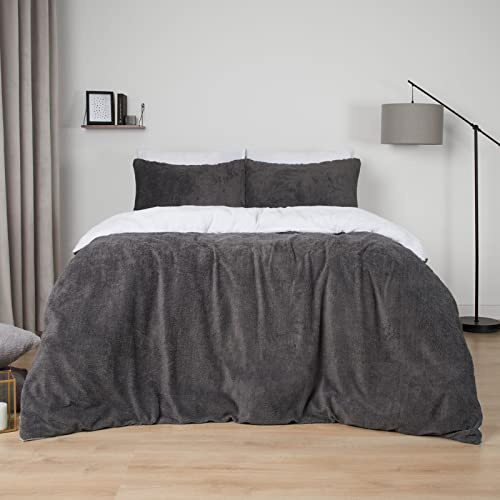 Brentfords Reversible Teddy Fleece Duvet Cover with Pillow Case Supersoft Fluffy Thermal Warm Soft Bear Bedding Set, Charcoal White - Superking
