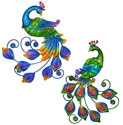 Tuokiuhn Metall Pfau Vogel Wandkunst Vogel Wanddekoration Outdoor Wandkunst Geeignet für Outdoor Metall Wanddekorationen für Terrasse 2er Set