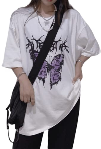 Damen Herren Y2K T-Shirt Schmetterling Gothic Harajuku Dark Academia Korean Anime Japanisch Kawaii Ästhetisch Alt Emo Grunge, Weiss/opulenter Garten, XL