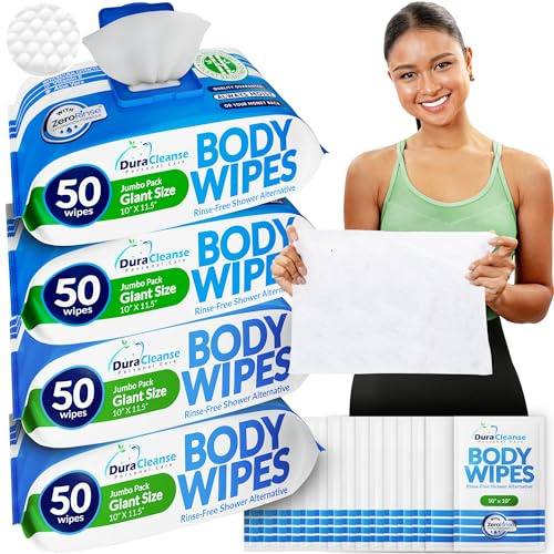 XL Body Wipes - (4 Pack) 200 Shower Wipes + 16 Travel Bath Sheets - 9 x 12 Thick Cleansing Waterless Washcloths - No Rinse Disposable Adult Wash Cloths for Elderly Incontinence, Camping Essentials