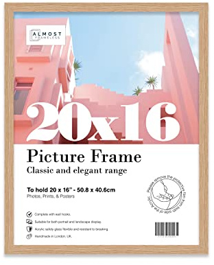 Almost Frameless 20x16 Oak Picture Frame 20x16(50.8x40.6cm) Poster, Photo, Artwork, or Print. Thin Edge Slim Frame Portrait and Landscape Display with Wall Hooks