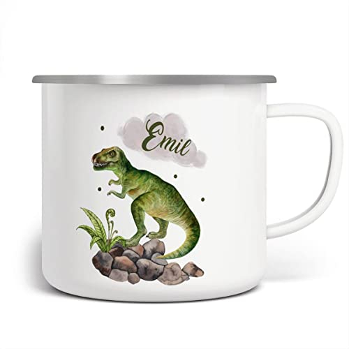 Mikalino Emaille Tasse Gefährlicher Dinosaurier mit Wunschname personalisierte Kindertasse mit Namen bedruckt Emaille Becher Emailletasse Geschenk, Farbe:weisssilber, Grösse:300ml