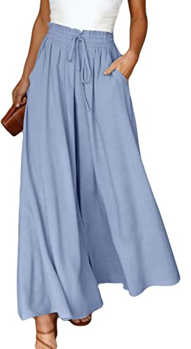 ASKSA Damen Breites Bein Hose Sommer Hohe Waist Plissee Hosen Elegante Einfarbig Leicht Hosenrock Sommerhose mit Tasche Freizeithose (Hellblau,L)