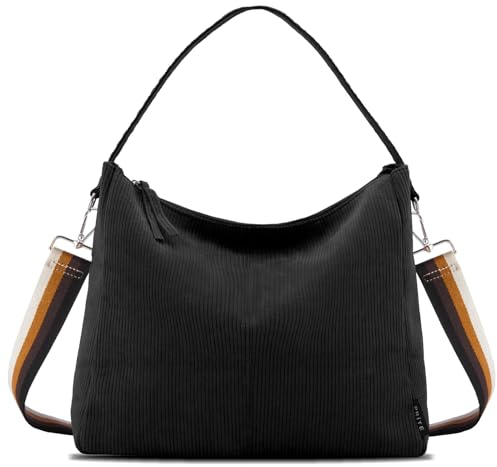 Prite Tote Bag Handtasche Damen Umhängetasche Cord Shopper Tasche mit Reißverschluss und Gurt für Arbeit Uni Schule Reise (Schwarz)