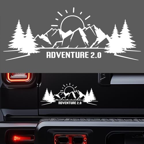 Pegatina Adventure Camper Van Furgoneta 4x4 Off Road - Adhesivo Autocaravana - Sol, montañas y árboles - Negro y Blanco - Maletas Moto - Vinilo Camper - 29,5 x 11,5CM (Blanco)