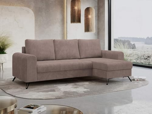 MKS MEBLE Cord Ecksofa - L-Form Cord Sofa mit Schlaffunktion - Wohnlandschaft L Form, Ecksofa mit Schlaffunktion und Bettkasten, Schlafsofa mit Bettkasten, Couch mit Schlaffunktion - Rosa Hugo