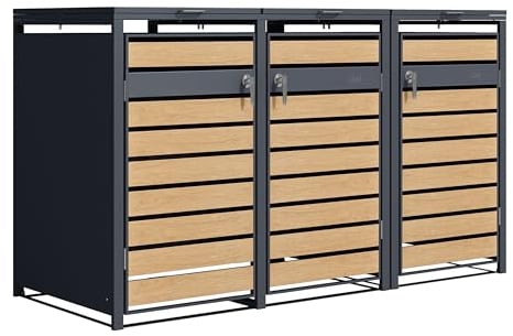 AXI Lucas Mülltonnenbox in Metall Anthrazit/Holzoptik | Mülltonnenverkleidung mit Deckel für 3 Tonnen - 240-720L | Müllbox/Aufbewahrungsbox für Mülltonnen