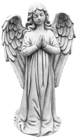 FABRIQ Engel Figur mit Flügeln, Grau, 31 cm, 3 kg, Steinfigur, Stabil, wetterfest, religiös, drinnen und draußen, katholische Skulptur für Kirche, Garten & Haus