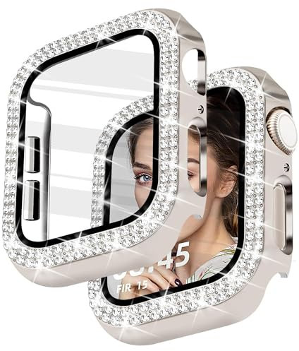 Newlibery Glitzer Diamanten Hülle für Damen, Kompatibel mit Apple Watch 45 mm, Hart PC Bumper Case mit HD Gehärtetes Displayschutz Folie für iWatch Series 7/8/9 - Polarstern 45mm