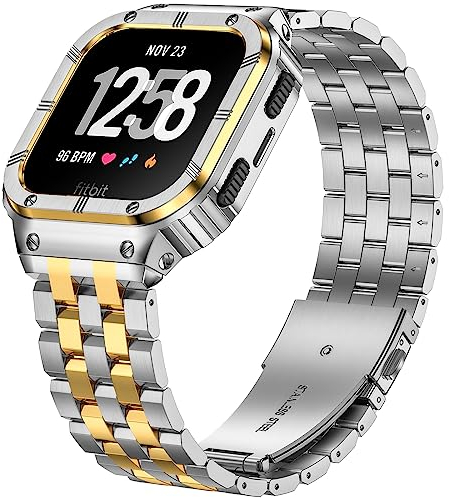 SUPLINK Metallgehäuse und Band kompatibel für Fitbit Sense 2 Bands/Versa 2 3 4 Uhrenarmbänder,robuste Abdeckung Armband für Fitbit Versa Bands/Sense/Versa Lite Uhrenarmbänder Männer,Silber/Gold