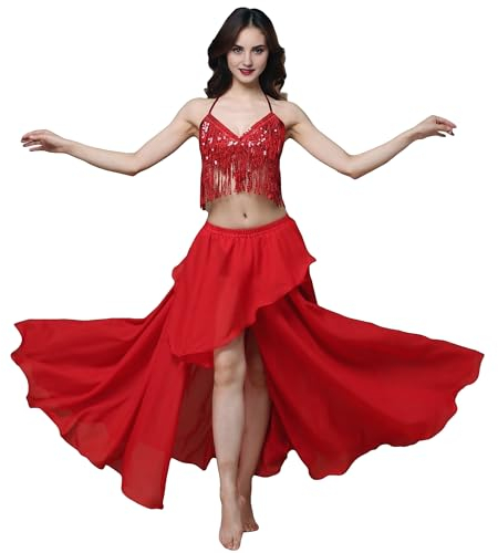MUNAFIE Langer Rock mit Schlitz Irregulär Röcke für Damen Tanzrock Tanzkleid Bauchtanz Kostüm Rot