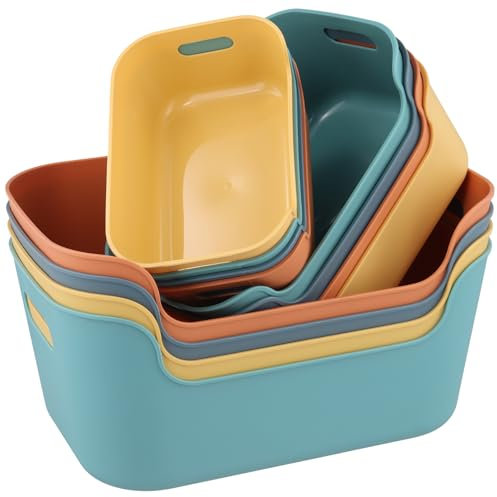 MAHIONG 12 Pack Plastic Storage Boxes, 3 Sizes Coloured Storage Baskets with Handles, Stackable Kitchen Cupboard Storage Organiser for Pantry, Bathroom, Bedroom, Office