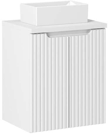 Lomadox Badezimmer Waschtisch 50cm mit Keramikwaschbecken, weiß mit gerillter Front