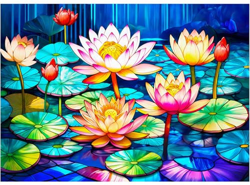 1000 Pieces Stained Glass Puzzle for Adults, Rocorose Waterlily Flower Jigsaw Puzzle, Impossible Hard Difficult Challenging Colorful Lotus Family Puzzle Gift for Game Night