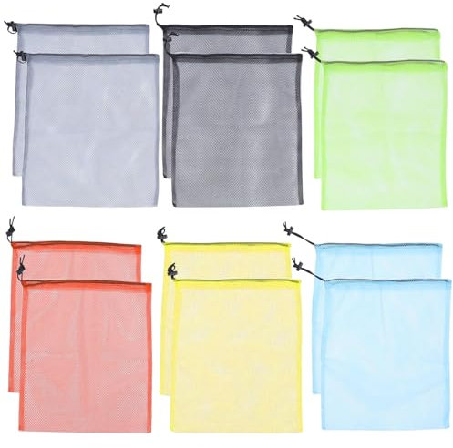 12 Pcs Drawstring Mesh Bags with 6 Colors, 25×30cm Nylon Mesh Storage Bag, Colorful Drawstring Organizer Toy Storage, Mesh Laundry Bags for Sport, Swimming, Beach, Travel, Gym, Camping, Training