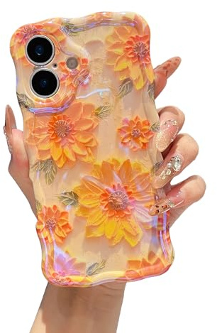 XIZYO Oil Painting Flower Case for iPhone 16 Plus, Sunflower/Yellow | Colorful Retro Style, Curly Wave Frame, Laser Glossy, Cute Aesthetic Floral Pattern, Slim Shockproof, Soft TPU, Girly Design