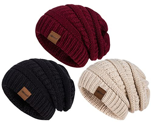 Hatromm Slouchy Mütze 3 Stück - Übergroße Warme Strickmütze für Damen und Herren - Dick für Kaltes Wetter (Schwarz, Haferflocken, Burgund)