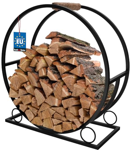 KOTARBAU® Holzkorb für Kaminholz - 55 x 25 x 60 cm - Kaminholzregal für innen & außen - Rund - ⌀ 60 cm - Holz Tragekorb - mit Griff - Metall Korb für Kaminholz - Dekorativ - Stahl - Schwarz