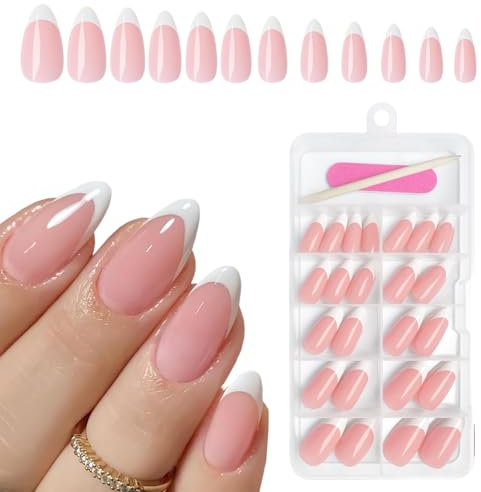 Goiern Lot de 120 faux ongles French Press on Nails en gel d'amande - Blanc - Brillants - Nude - Amande