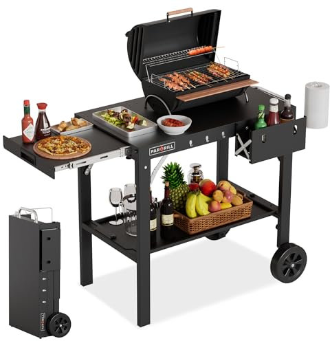 PARGRILL Outdoor Grilltisch, Klappbarer Grillwagen mit ausziehbarem Beistelltisch, Blackstone Grillständer, passend für 43,2 cm oder 55,9 cm, Edelstahl BBQ Prep Station, Pizzaofenständer