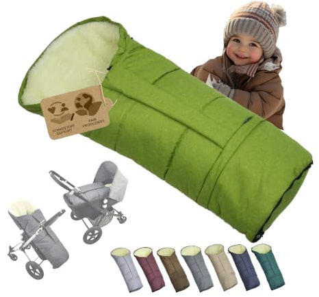 Fußsack [Winterfußsack für Kinderwagen] Buggy Schlitten Kuschelsack universal in Mumienform mit Lammwolle Größe anpassbar warm mit Reißverschluss waschbar (meliert grün)