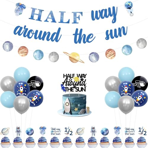 Funmemoir Half Birthday Party Decorations Space Half Way Around the Sun Banner Garland Cake Cupcake Toppers Balloons for Rocket Planet Astronaut Theme Half Year 6 Months 1/2 Birthday Party