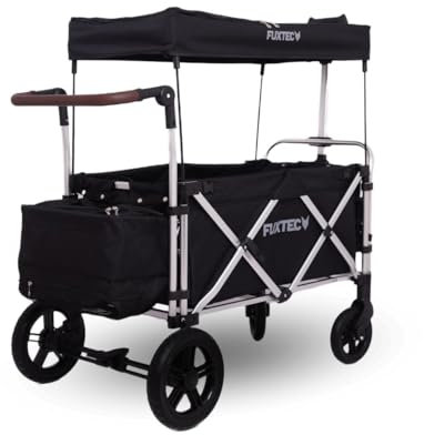 FUXTEC Bollerwagen faltbar FX-CTL900 Schwarz mit Dach - Transportwagen klappbar |inkl. Hecktasche mit Schuhfach & Komfort-Schiebegriff | 5-Punkt-Gurt | Handwagen/Leiterwagen - Das Original