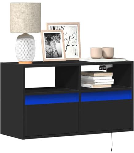 Gecheer Meuble TV mural avec lumières LED noires 80 x 31 x 45 cm, meuble de salon moderne, meuble TV moderne, meuble suspendu pour salon SN-1