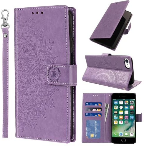 Pnakqil Coque pour iPhone 7/8, iPhone SE 2020/2022 avec Dragonne Portable, Téléphone Etui Protection, Pochette Portefeuille Porte-Cartes Support Rabat Cuir PU Magnétique Étui avec TPU Housse, Violet