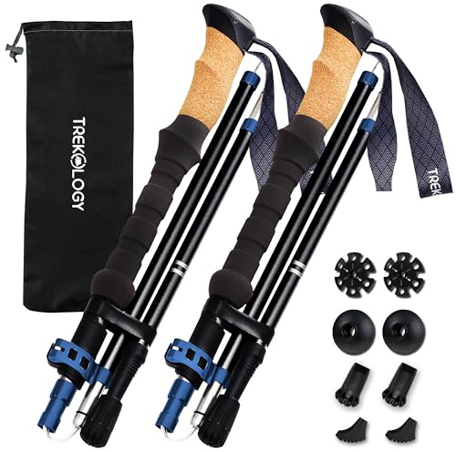 TREKOLOGY Trekking Poles – Collapsible Hiking Poles with Cork Handle - Ultralight Folding Walking Poles for Women & Men, Lightweight Aluminum Hiking Sticks & Walking Sticks (Black with Blue)