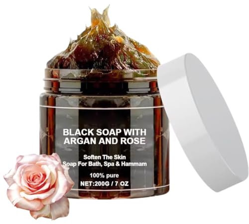 Savon Noir Marocain Avec Argan Et Rose,Savon Noir Hammam Marocain,Sàvon Noirs Marocain à Biologique,Sàvon Exfoliant Pour Le Corps Au Savons Noirs,Gel Douche Exfoliant Adoucissant Pour La Peau