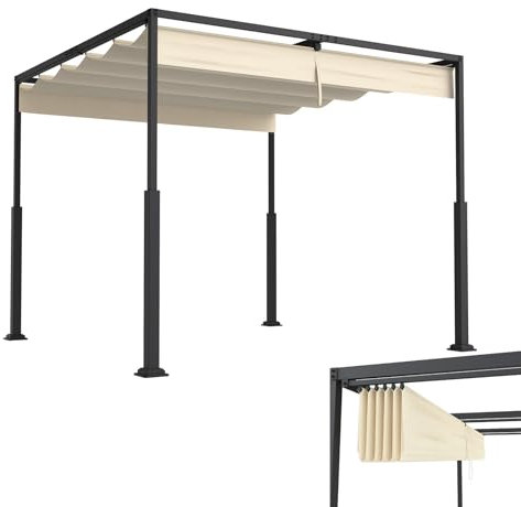LZQ Pergola Pavillon 3x3 m mit stabilem Stahlrahmen und verstellbarem Schiebedach, Terrassendach aus PA-beschichtetem Polyester, wetterbeständiger Sonnenschutz für Garten und Terrasse (Beige)