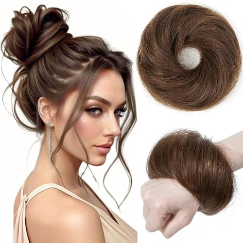 PORSMEER Mittelbraun 30g 100% Echthaar Haarteil Mit Gummiband,Natürliche Unordentlich dutt extensions echthaar Haarteil Haargummi Hochsteckfrisuren unordentlicher Haarverlängerung für Damen Mädchen 4#