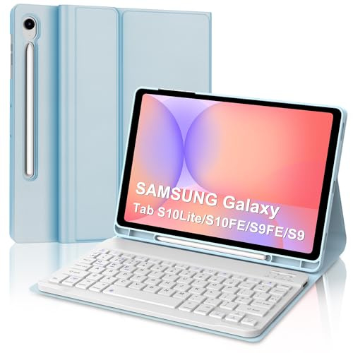 Keyboard Case for Samsung Galaxy Tab S10 Lite S10 FE 2025/S9 FE 2023 10.9 Inch, UK Layout Detachable Wireless Bluetooth Keyboard with Stand Cover for Samsung Galaxy Tab S9 11 Inch 2023, Sky Blue