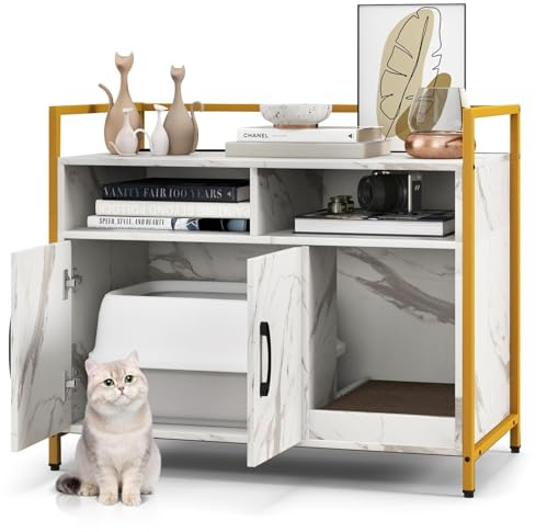 FANTASK Katzenschrank, Katzenhaus mit offenen Regalen & 2 Fächern & hohe Beine, Katzenhöhle, Katzentoilette für Katzen Hunde Haustier (Weiß)