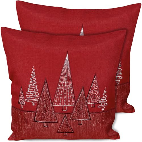 matches21 HOME & HOBBY Kissenbezug 40x40 cm Weihnachten rot mit Tannenbaum Stick - 2er Set Kissenhüllen als Weihnachtsdeko