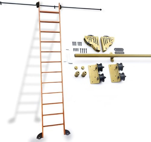 DMCHENGMA Ensemble Complet de quincaillerie pour échelle roulante dorée avec Rail Coulissant et Roue inférieure avec Frein (échelles Non incluses) pour Bureau à Domicile(122cm Kit de Piste)