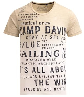 Camp David Herren T-Shirt Dip Dye mit Wording Prints Sea Sand, XL
