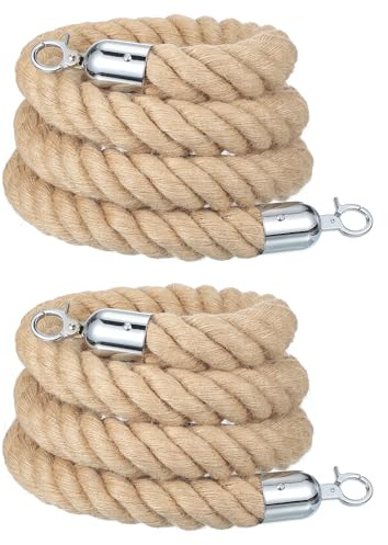QUARKZMAN Absperrseil Juteseil 2m x 38mm Handlaufseil Sicherheits Absperrkordel Geflochtenes Juteseil mit Karabinerhaken Absperrseile für Warteschlangen KinoHotel Feiern 2 Stück