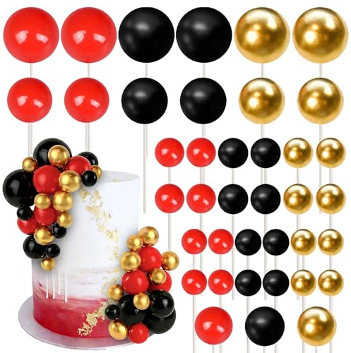 75 Stück Kugeln Tortendeko Gemischte Größe kuchen Deko Round Ball Cake Toppers 3D DIY Kugel Cupcake Toppers für Braut Dusche Hochzeit Geburtstag Party Kuchen Dekorationen Schwarz Gold Rot