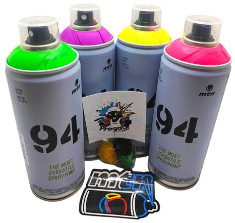 Montana Colors MTN 94 Pintura en Spray Fluorescente, 4 Colores (Violeta, Fucsia, Amarillo, Verde), 400ml cada uno, con 3 Boquillas de Repuesto