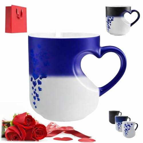 Donubiiu Heart-Shaped Color Changing Ceramic Mug, Heat Sensitive Magic Coffee Cup with Red Roses and Love You More Design, Valentines Gift (Blue)