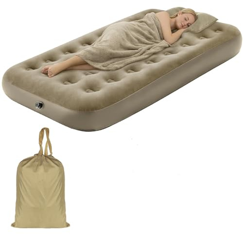 Single Air Bed with Electric Pump, 190 x 100 x 20 cm Inflatable Flocked Air Mattress for Adult, Portable Blow Up Bed with Pillow, Carry Bag, Eye Mask and Earplugs for Camping Guest Room Sleepovers
