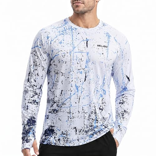 WELIGU Men's Rash Vest Rash Guard Long Sleeve UPF 50+ UV Swim Top Quick Dry | Thumb Holes, Quick Dry, Lightweight, Breathable, Moisture Wicking, 4-Way Stretch, Relaxed Fit, Graphic Print, Watersports