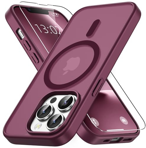 Vansdon Funda Magnética para iPhone 13 Pro MAX-Burdeos | 1 Cristal Templado, Compatible con Magsafe, Protección contra caídas de Grado Militar, Carcasa translúcida Mate Ultrafina
