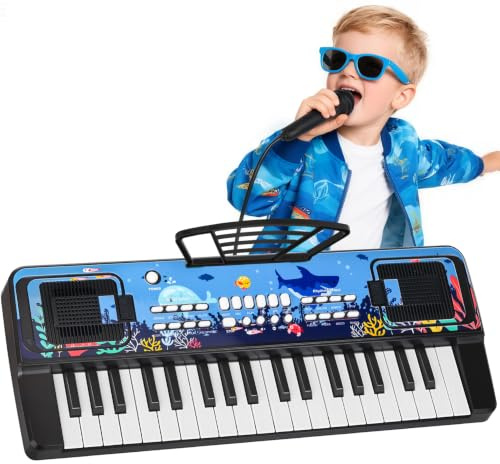 37 Key Kids Piano Keyboard with Microphone & Music Stand Toddler Music Toy | Portable Electronic Piano Musical Instrument Toy, for Boys Girls Ages 3-7, Birthday Gifts Black