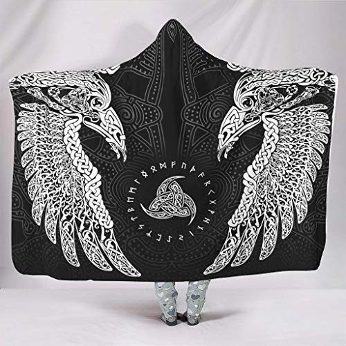 Wandlovers Super Weich Mit Kapuze Decken Keltisch Odins Raben Huginn und Muninn Wikinger Krähe Druck Warmer Winter Plüsch Sherpa Blanket 150x130cm