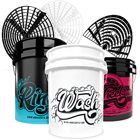 Nuke Guys Wascheimer Set - 3 Eimer Waschmethode - 5 GAL Wash Bucket für Autoschampoo + 5 GAL Rinse Bucket zum Ausspülen + 3,5 GAL Wheel Bucket Felgen + 2X Grit Guard Einsatz + Washboard
